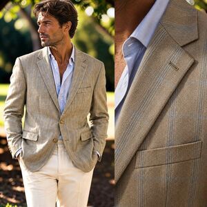 Ralph Lauren Silk Wool 42R Blazer Tan Herringbone Plaid Sport Coat Quiet Luxury